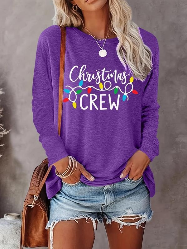 Women's Letter Print Round Neck Tee, Casual Long Sleeve Crew Neck T-shirt for Fall & Winter, Women's Top for Daily...