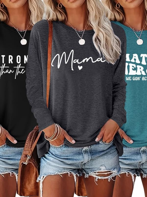 Women's Letter Print Round Neck Tee, Casual Long Sleeve Crew Neck T-shirt for Fall & Winter, Women's Top for Daily...