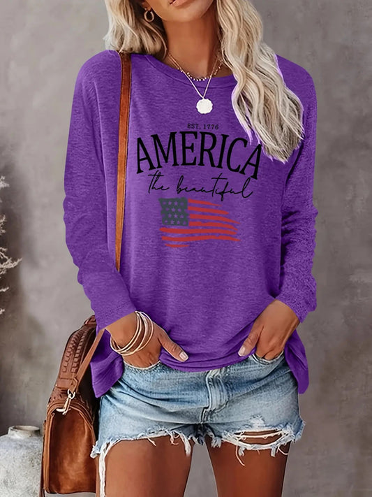 Women's Letter Print Round Neck Tee, Casual Long Sleeve Crew Neck T-shirt for Fall & Winter, Women's Top for Daily...