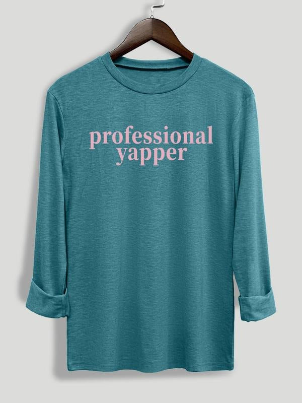 Women's Letter Print Round Neck Tee, Casual Long Sleeve Crew Neck T-shirt for Fall & Winter, Women's Top for Daily...