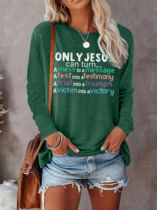 Women's Letter Print Round Neck Tee, Casual Long Sleeve Crew Neck Top for Fall & Winter, Women's Top for Daily...
