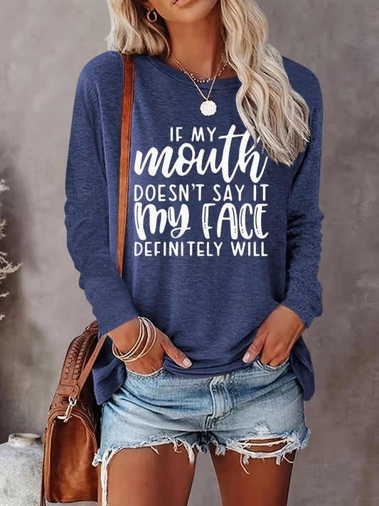 Women's Letter Print Round Neck Tee, Casual Long Sleeve Crew Neck Tops for Fall & Winter, Women's Clothes for Daily Wear...