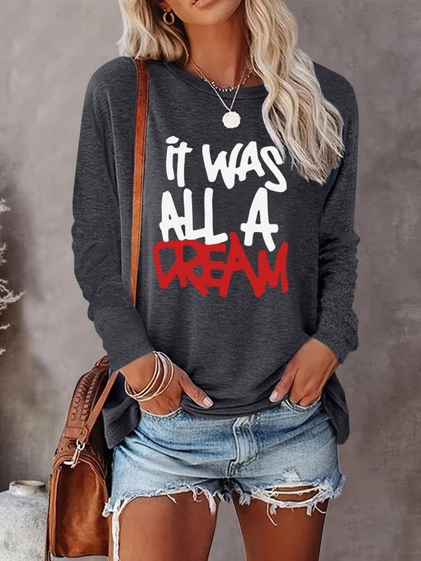 Women's Letter Print Round Neck Tee, Casual Long Sleeve Crew Neck Tops for Fall & Winter, Women's Clothes for Daily...