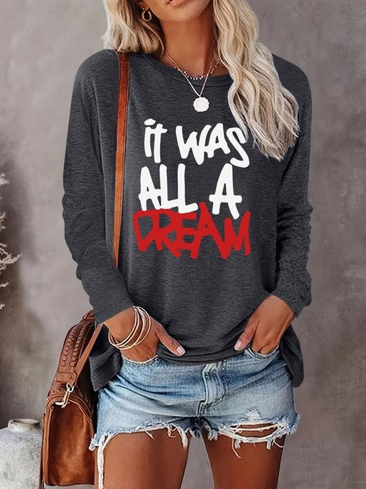 Women's Letter Print Round Neck Tee, Casual Long Sleeve Crew Neck Tops for Fall & Winter, Women's Clothes for Daily...