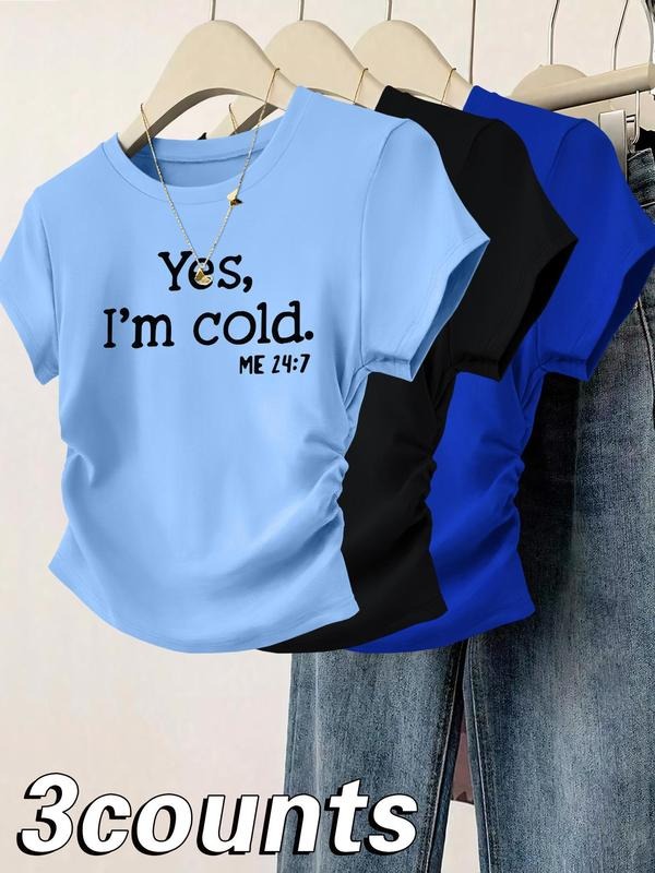 Women's Letter Print Round Neck Tee, Casual Short Sleeve Crew Neck T-shirt for Daily Wear, Ladies Clothes for All...