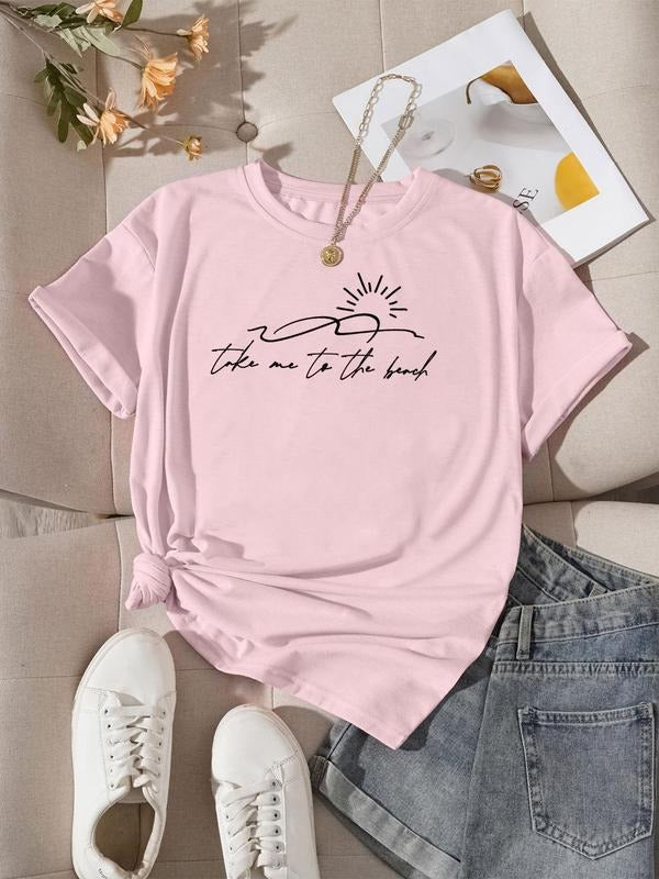 Women's Letter Print Round Neck Tee, Casual Sun Print Short Sleeve Crew Neck T-Shirt for Summer, Fashion Women's Top for...