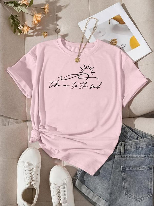 Women's Letter Print Round Neck Tee, Casual Sun Print Short Sleeve Crew Neck T-Shirt for Summer, Fashion Women's Top for...
