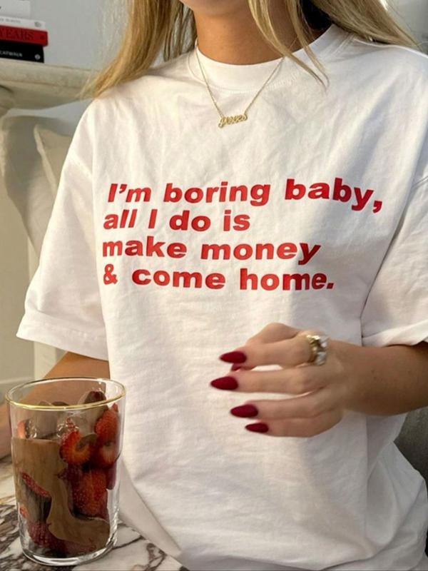 Women's Letter Print Round Neck Tee, Fashion Casual Drop Shoulder Short Sleeve T-shirt for Daily Wear, Ladies Summer...