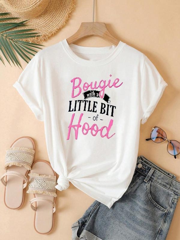 Women's Letter Print Round Neck Tee, Trendy Casual Short Sleeve Crew Neck T-shirt for Daily Wear, Ladies All Seasons...