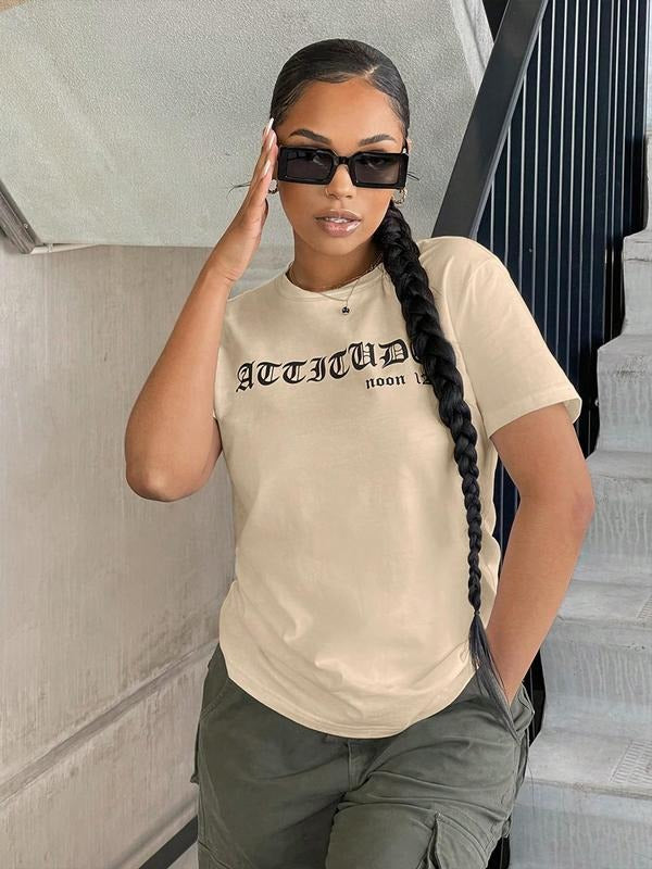Women's Letter Print Round Neck Tee, Trendy Casual Short Sleeve T-shirt for Daily Wear, Ladies Outfit Hoodie, Sweatshirt