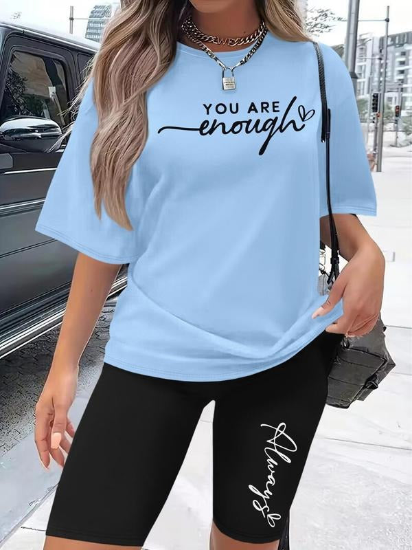 Women's Letter Print Short Sleeve Tee & Skinny Shorts Two-Piece Set, Casual Round Neck T-Shirt & Shorts, Ladies Clothes...