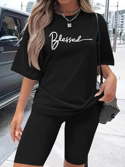 Women's Letter Print Tee & Skinny Shorts Two-piece Set, Casual Round Neck T-shirt & Shorts for Daily Wear, Ladies...