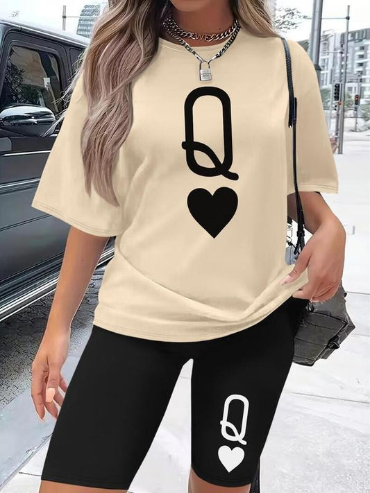 Women's Letter Print Tee & Skinny Shorts Two-piece Set, Casual Short Sleeve T-shirt & Shorts, Ladies Clothes for Daily...