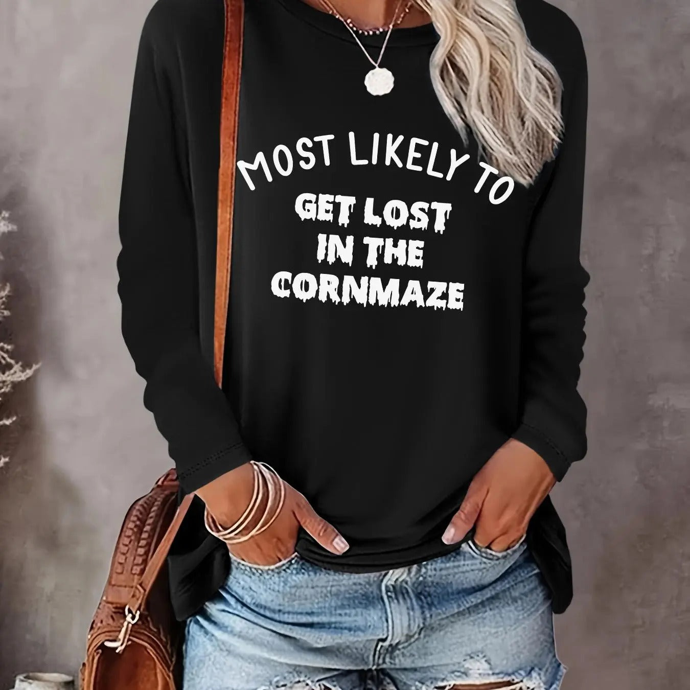 Women's Letter Print Tee, Casual Long Sleeve Crew Neck T-shirt for Spring & Fall, Women's Top for Daily Wear Hoodie,...