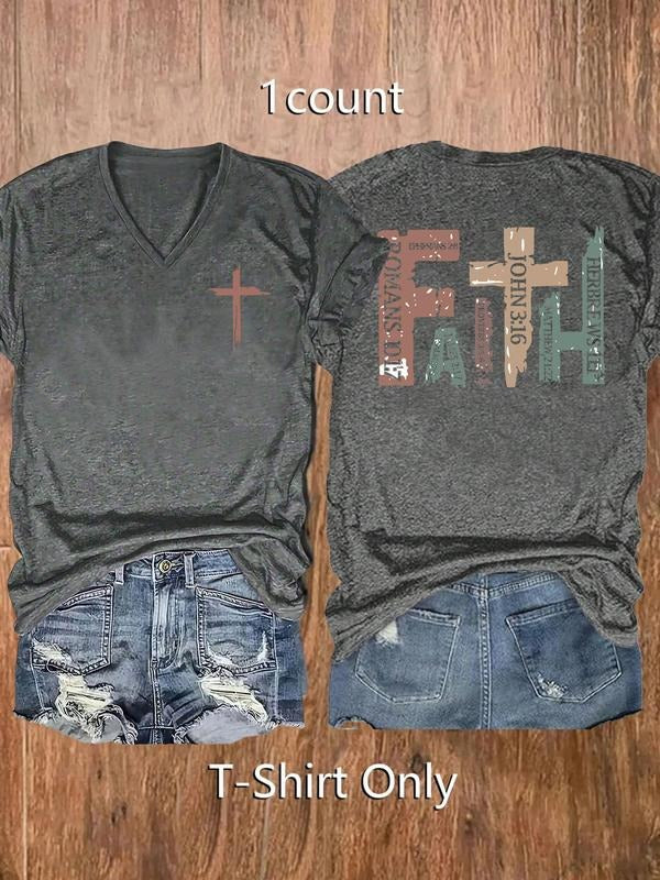 Women's Letter Print V Neck Tee, Casual Short Sleeve T-shirt for Summer, Ladies Clothes for Daily Wear, Top Hoodie,...