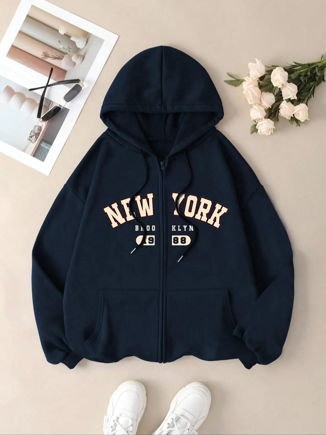 Women's Letter Print Zip Up Thermal Lined Hoodie, Fashion Casual Drawstring Pocket Hooded Sweatshirt for Daily Holiday...