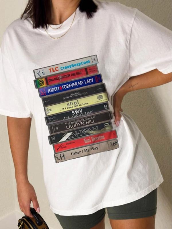 Women's Letter Tape Cassette Print Round Neck Tee, Casual Loose Half Sleeve T-shirt for Daily Wear, Ladies Clothes for...
