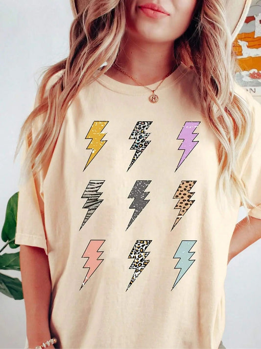 Women's Lightning Print Drop Shoulder Tee, Casual Half Sleeve Round Neck T-Shirt for Summer, Women's Top for Daily Wear...