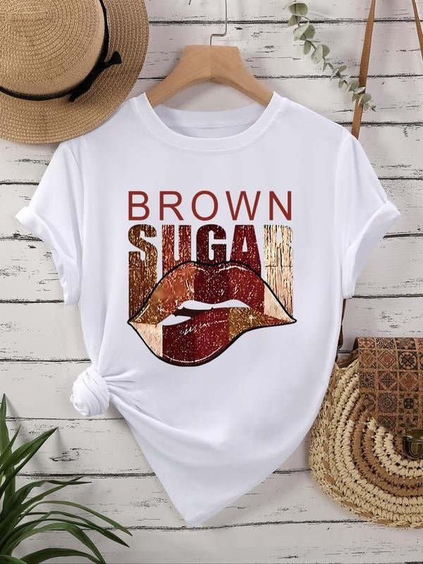 Women's Lip & Letter Print Round Neck Tee, Trendy Casual Short Sleeve Crew Neck T-shirt for Daily Wear, Ladies Clothes...