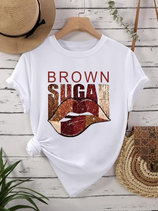 Women's Lip & Letter Print Round Neck Tee, Trendy Casual Short Sleeve Crew Neck T-shirt for Daily Wear, Ladies Clothes...