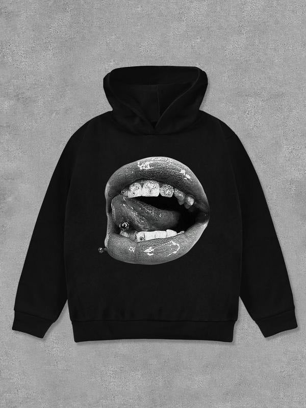 Women's Lip Print Drop Shoulder Hoodie, Fashion Casual Long Sleeve Hooded Sweatshirt for Daily Holiday Outdoor Wear,...