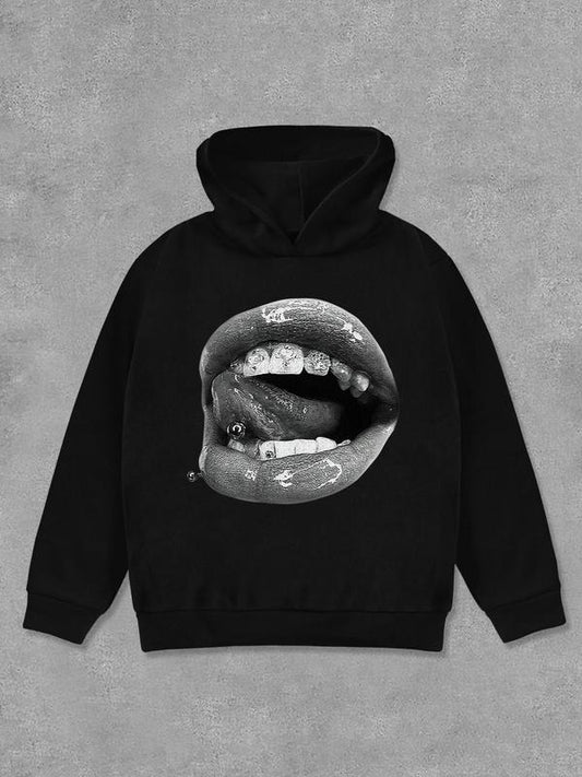Women's Lip Print Drop Shoulder Hoodie, Fashion Casual Long Sleeve Hooded Sweatshirt for Daily Holiday Outdoor Wear,...