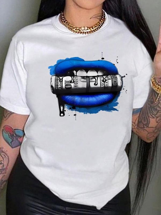 Women's Lip Print Round Neck Tee, Fashion Casual Short Sleeve T-Shirt for Daily Outdoor Wear, Ladies Clothes for All...
