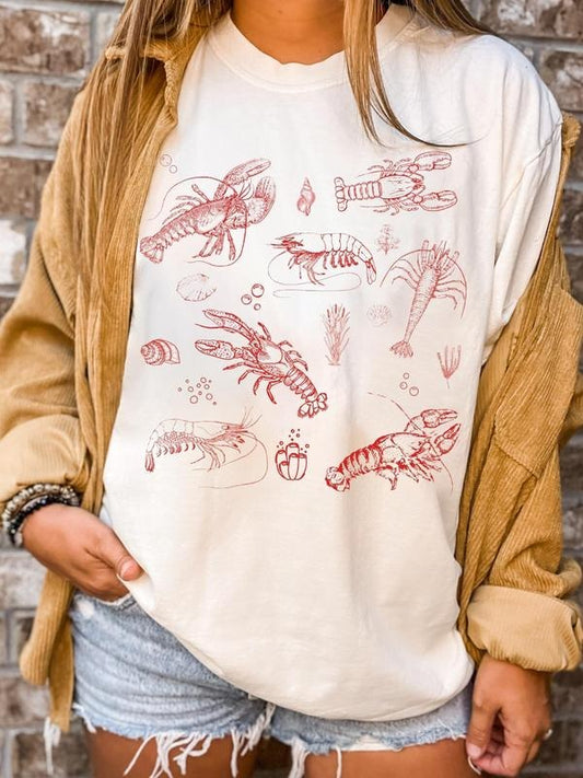 Women's Lobster & Shrimp Print Round Neck Tee, Casual Letter Graphic Short Sleeve Crew Neck T-shirt for Summer, Fashion...