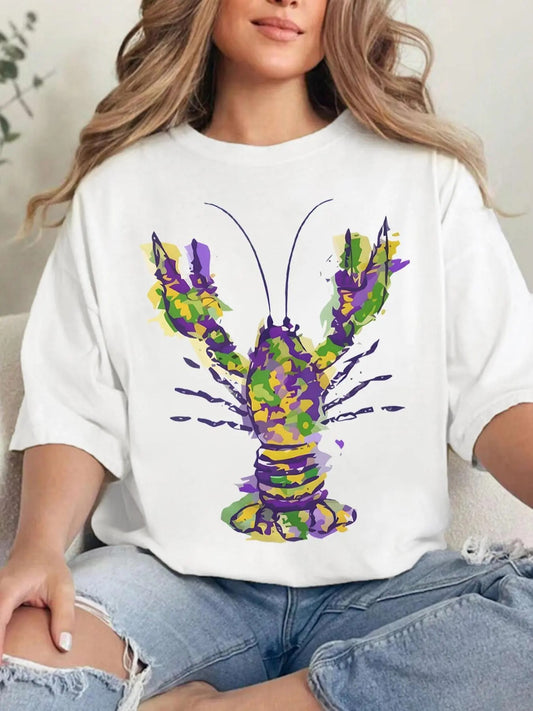 Women's Lobster Print Round Neck Tee, Fashion Casual Crew Neck T-shirt for Daily Holiday Vacation Outdoor Wear, Ladies...