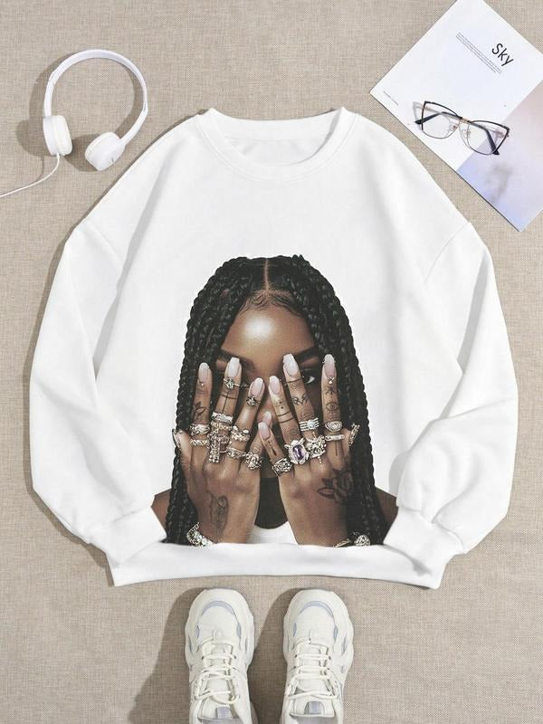 Women's Long Sleeve Drop Shoulder Graphic Sweatshirt, Casual Fashion Crew Neck Pullover for Daily Wear, Ladies Fall &...