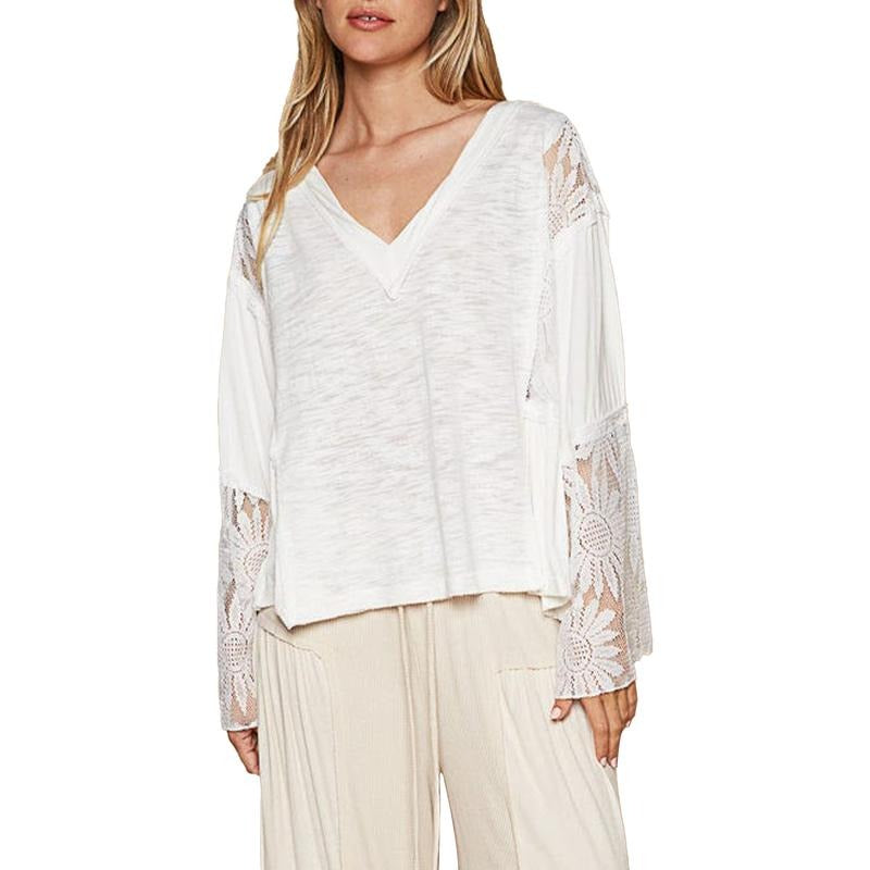 Women's Long Sleeve T-Shirt Sheer Floral Lace Patchwork V-Neck Casual Pullover Tops Hoodie, Sweatshirt | WearSparks.com