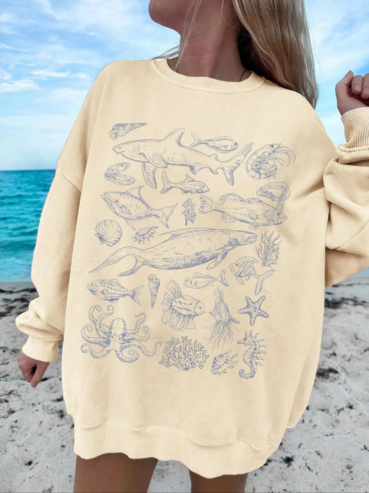Women's Marine Life Print Drop Shoulder Sweatshirt, Casual Long Sleeve Round Neck Pullover for Spring & Fall, Ladies...
