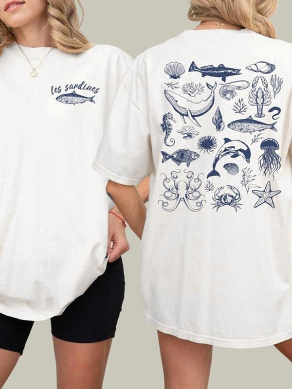 Women's Marine Life Print Round Neck Tee, Casual Short Sleeve T-shirt for Summer, Ladies Clothes for Daily Wear, Top...