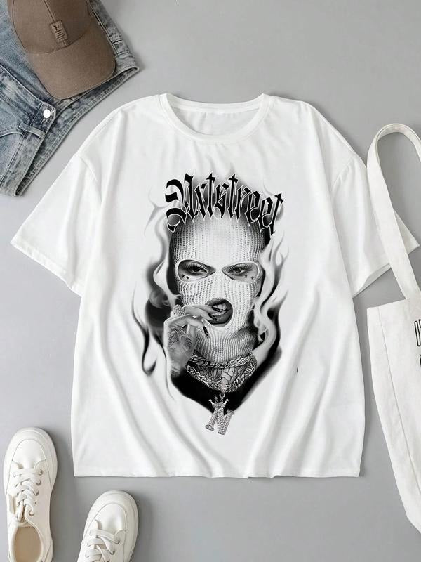 Women's Masked Figure Print Round Neck Tee, Fashion Casual Crew Neck T-shirt for Daily Holiday Vacation Outdoor Wear,...