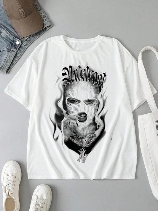 Women's Masked Figure Print Round Neck Tee, Fashion Casual Crew Neck T-shirt for Daily Holiday Vacation Outdoor Wear,...