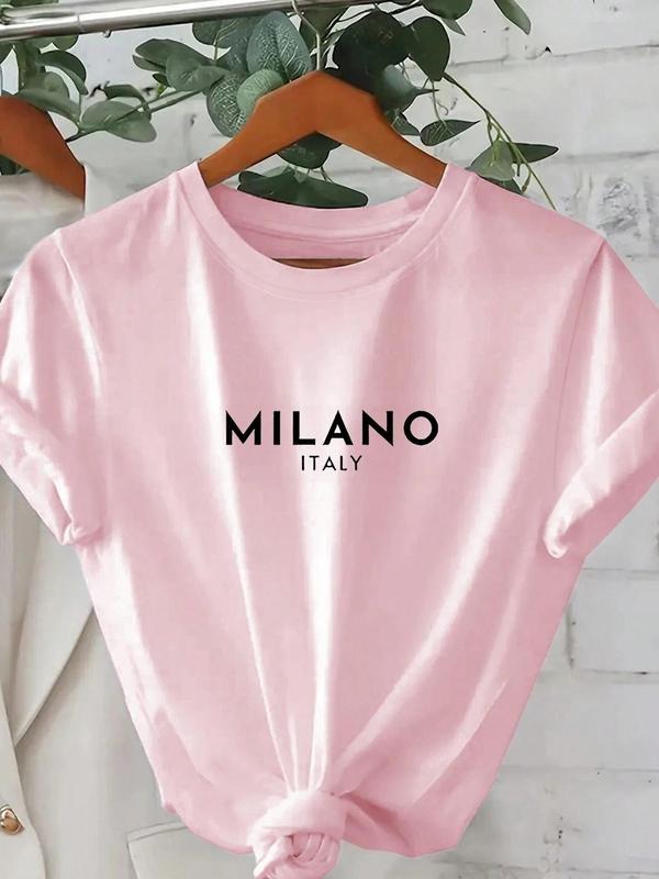 Women's Milano Italy Letter Print Round Neck Tee, Casual Short Sleeve Crew Neck T-Shirt for Daily Wear, Ladies Clothes...