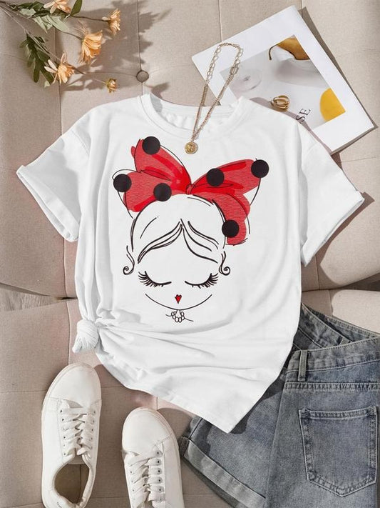 Women's Minnie Ears Bowknot Print Round Neck Tee, Fashion Casual Crew Neck T-shirt for Daily Holiday Vacation Outdoor...