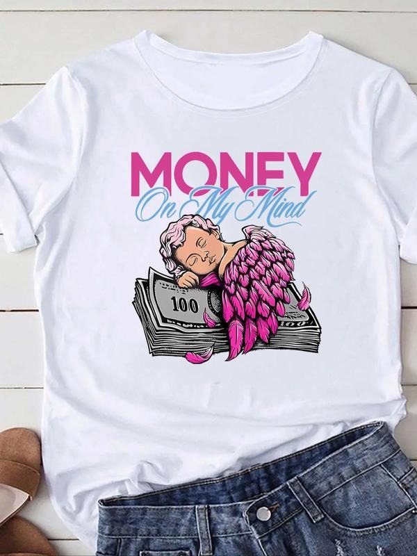Women's Money Angel Letter Print Round Neck Tee, Fashion Casual Crew Neck T-shirt for Daily Holiday Vacation Outdoor...