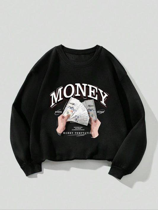 Women's Money Graphic Drop Shoulder Sweatshirt, Round Neck Long Sleeve Pullover, Casual Crew Neck Top for Fall Winter...