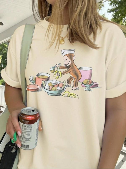 Women's Monkey & Banana Print Round Neck Graphic Tee, Vintage Trendy Casual Short Sleeve T-shirt for Daily Wear, Ladies...