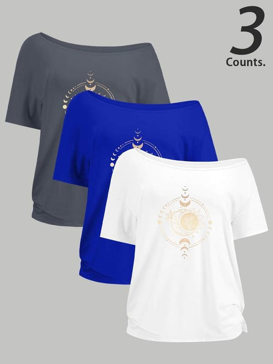Women's Moon & Sun Print One Shoulder Tee, Casual Fashion T-shirt for Daily Wear, Ladies Clothes for All Seasons, Top...