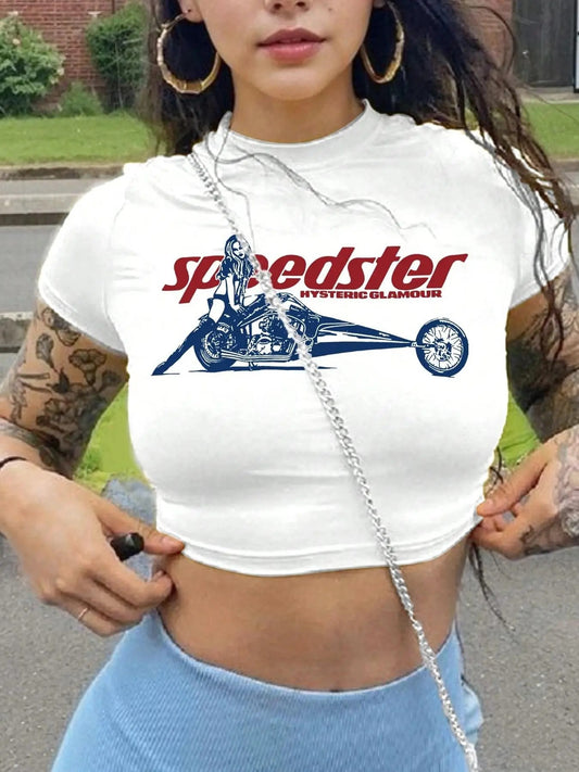 Women's Motorcycle & Letter Print Round Neck Crop Tee, Casual Short Sleeve Crew Neck T-shirt for Daily Wear, Ladies...