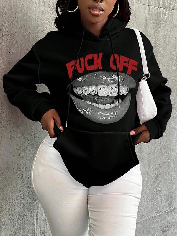 Women's Mouth Print Drop Shoulder Hoodie, Fashion Casual Drawstring Pocket Hooded Sweatshirt for Daily Holiday Wear,...