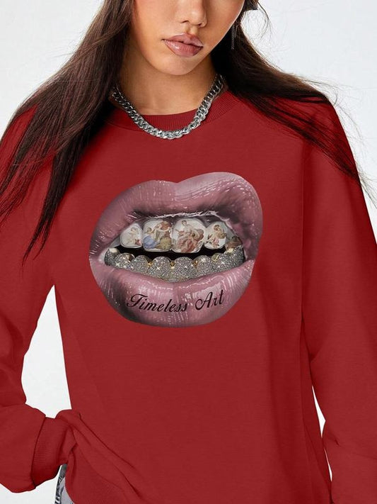 Women's Mouth Print Drop Shoulder Sweatshirt, Fashion Casual Crew Neck Pullover for Daily Holiday Outdoor Wear, Women...