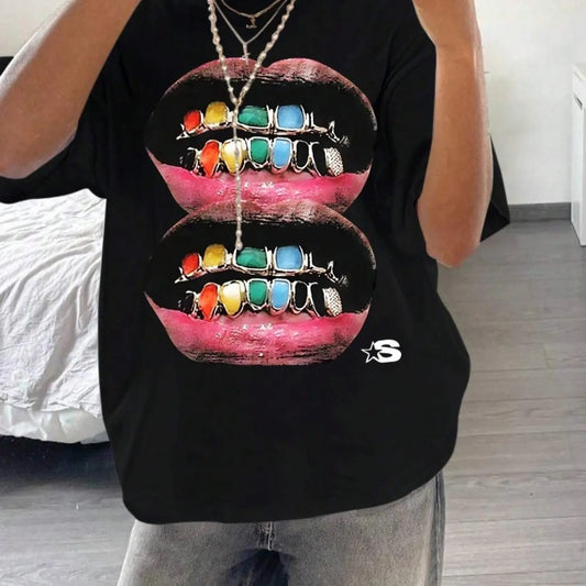 Women's Mouth Print Round Neck Tee, Fashion Casual Drop Shoulder Short Sleeve T-shirt, Ladies Summer Clothes for Daily...