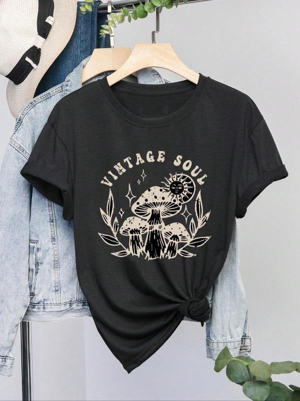 Women's Mushroom & Letter Print Round Neck Graphic Tee, Vintage Trendy Casual Short Sleeve T-shirt for Daily Wear, Ladies...