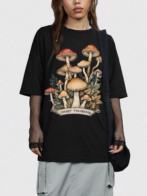 Women's Mushroom Print Round Neck Graphic Tee, Vintage Trendy Casual Short Sleeve T-shirt for Daily Wear, Ladies Summer...