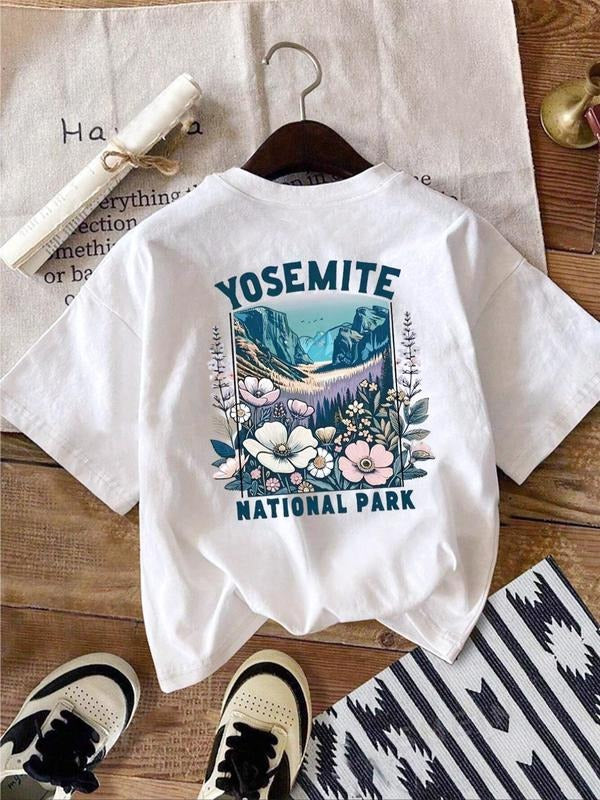 Women's National Park Landscape & Letter Print Round Neck Tee, Vintage Trendy Casual Drop Shoulder Short Sleeve T-shirt...