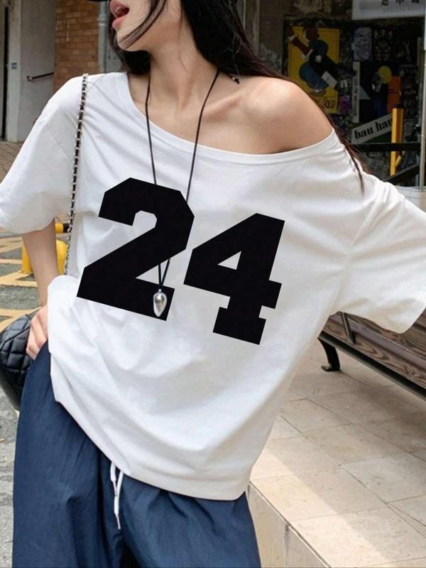 Women's Number 24 Print Off Shoulder Tee, Casual Letter Graphic Sweatshirt for Summer, Women's Top for Daily Wear,...