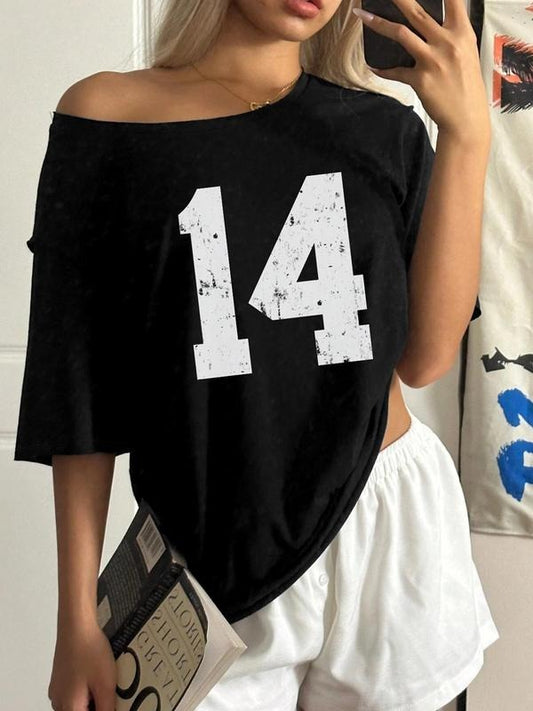 Women's Number Print Asymmetrical Neck Tee, Fashion Casual Figure Printed T-shirt for Daily Holiday Vacation Outdoor...